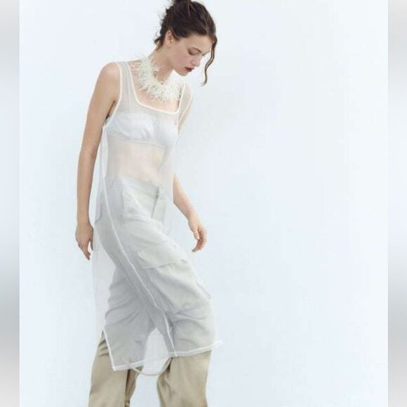 ZARA Blogger Favorite ORGANZA MIDI DRESS Sheer Boho Cover Up Shirt - Picture 4 of 8